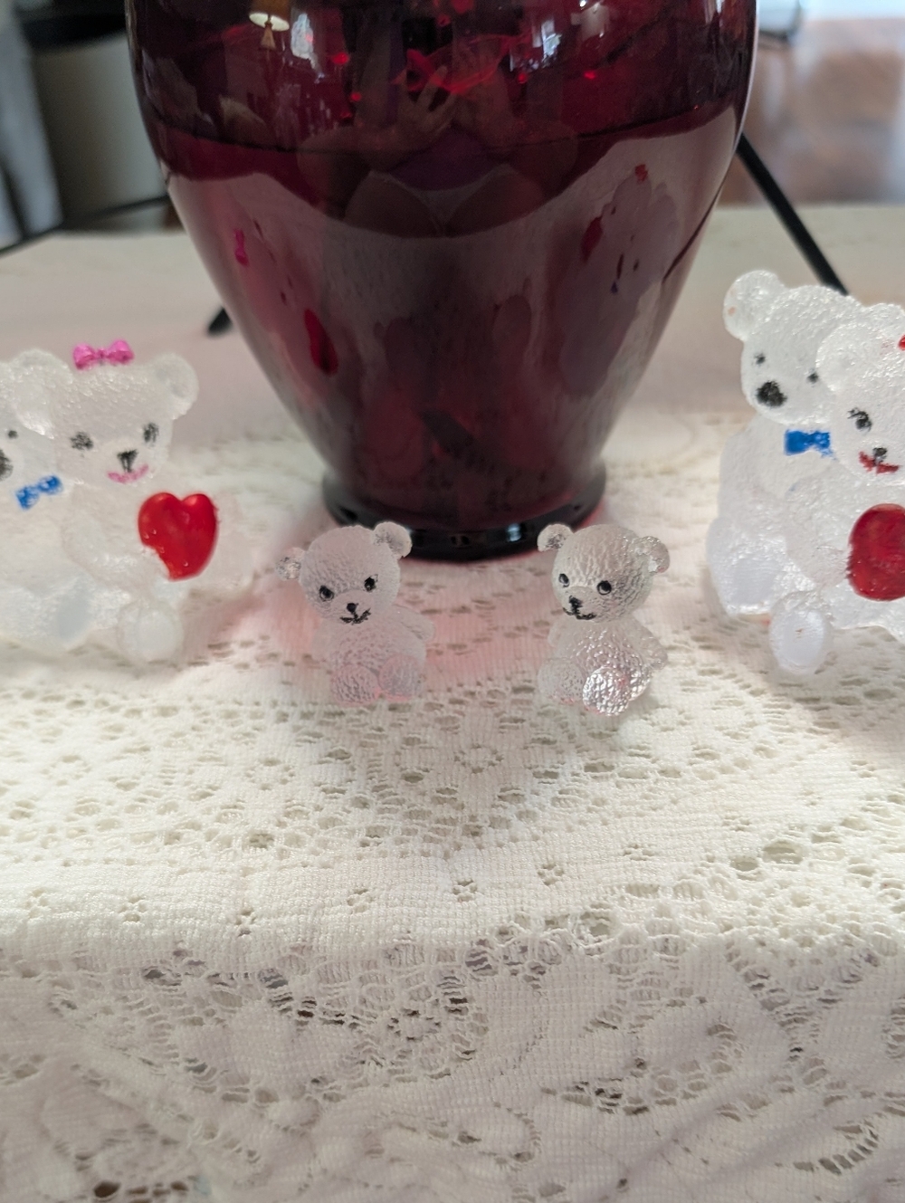 Set of Family Frosted Resin Teddy Bear Figures with Red & Pink Bow-Pink One